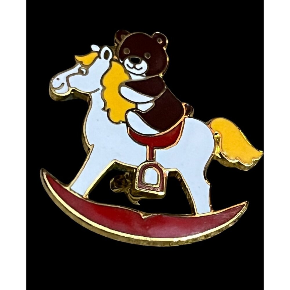 Vintage Elf Creations Teddy Bear On Rocking Horse Enamel Lapel Pin Brooch